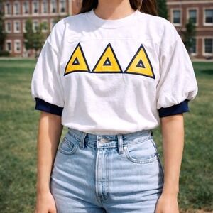 American Mfg Co Tri Delta Sorority Jersey L Made in USA 90s Style Tackle Twill